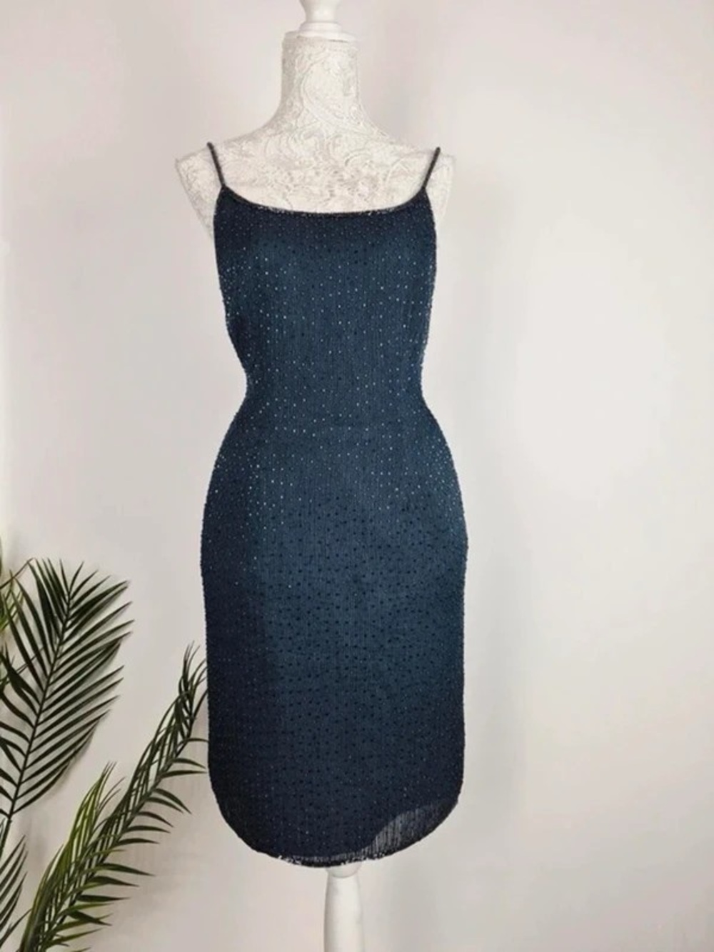 Elegant Navy Beaded Spaghetti-Strap Maxi Dress